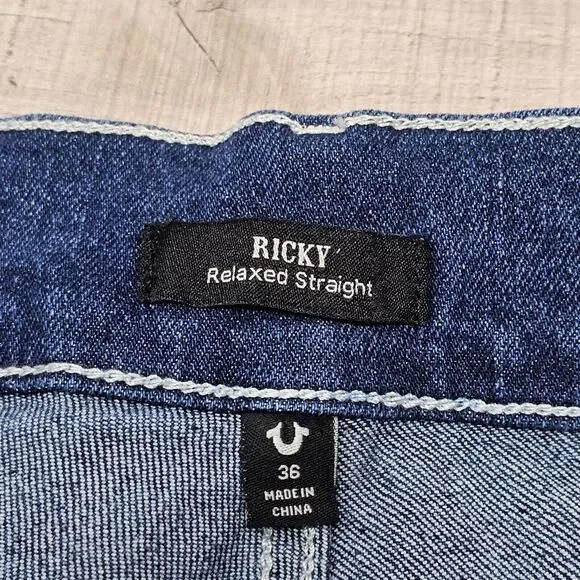 NWT True Religion Jeans Mens Size 36 Ricky Flap SN Relaxed Straight Blue Denim‎